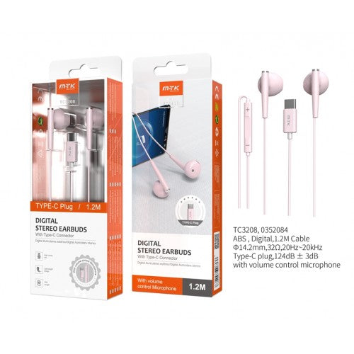 M-TK Type-C Ear Phones 1.2m Pink